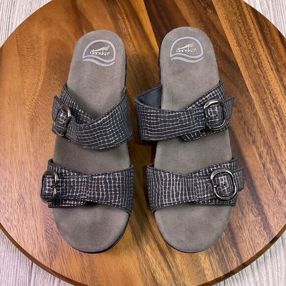 Dansko Women's EU 40 US 10 Leather Snake Print Wedge Open Toe Sandals Grey Black - Picture 8 of 12